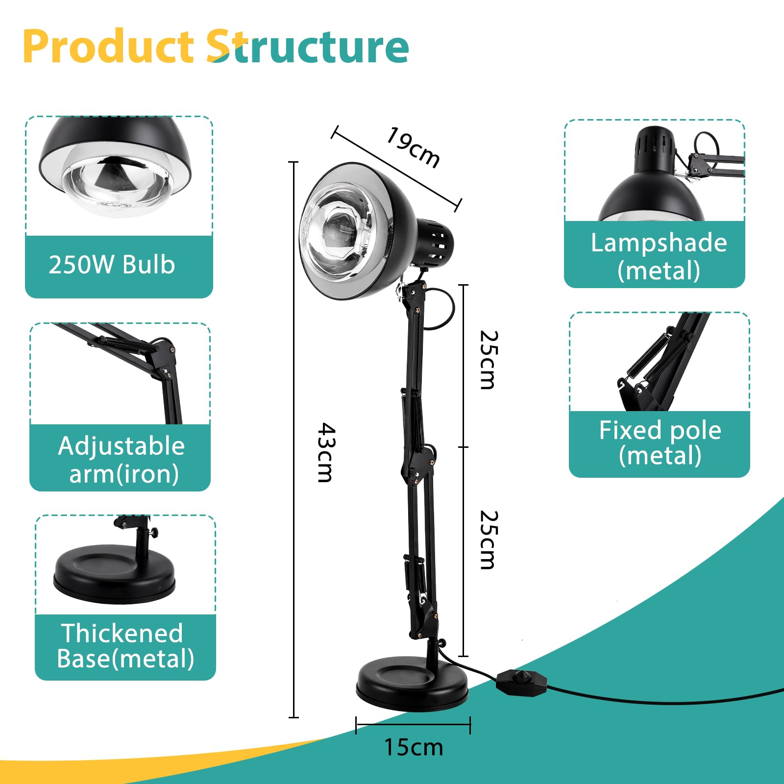 YJINGRUI Lampada termica da cucina, a infrarossi, girevole a 360°, 250 W | con controllo della temperatura e braccio pieghevole, ideale per buffet, buffet, ristoranti e cucina domestica.
