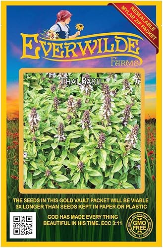 Miniatura 1 de Everwilde Farms - 2000 semillas de hierbas de albahaca tailandesa - Paquete de semillas jumbo Gold Vault
