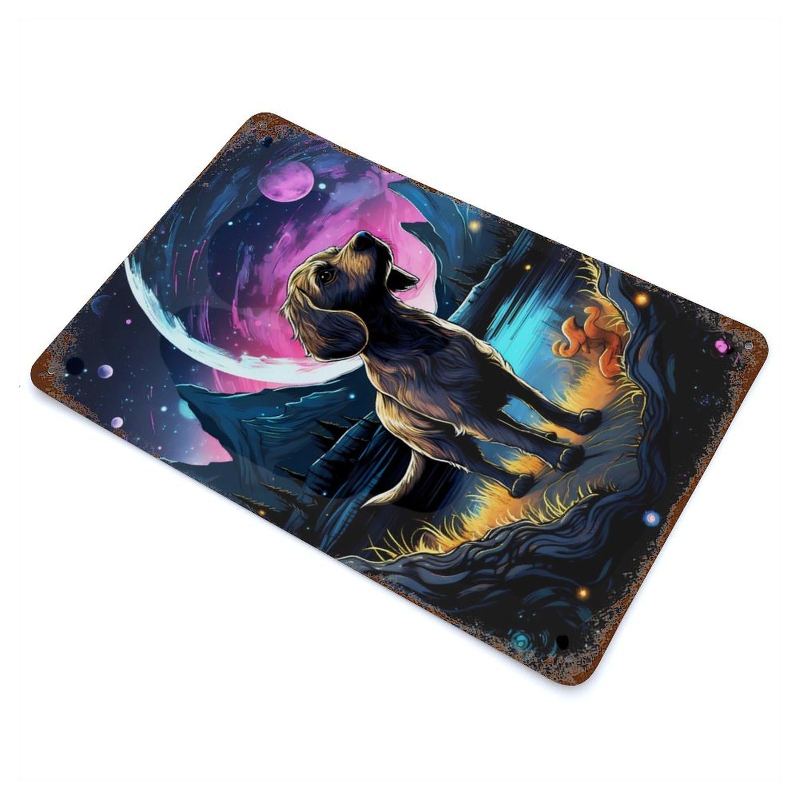 Distressed Metal Wall Sign with Astral Watchdog Design 11.8"x7.9", for Office, Studio And Wall Decor, Industrial Home Decor