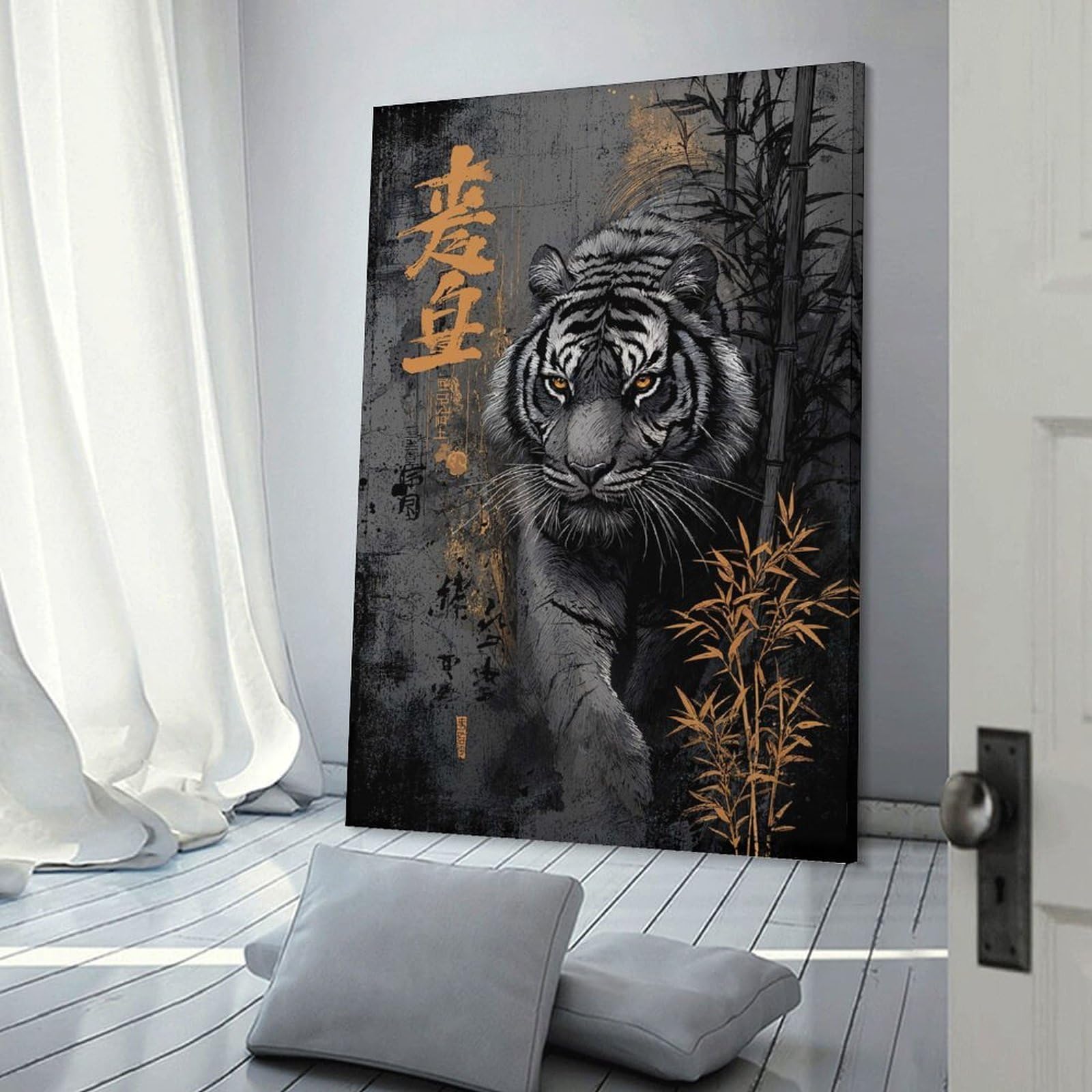 Junmoney Frame-Style-15 Tiger With Bamboo And Asian Calligraphy Hanging Wall Art, 12X18inch(30X45cm), For Entrance Walls, Hall Decor Or Foyers, Wall Decor To Refresh Empty Corners