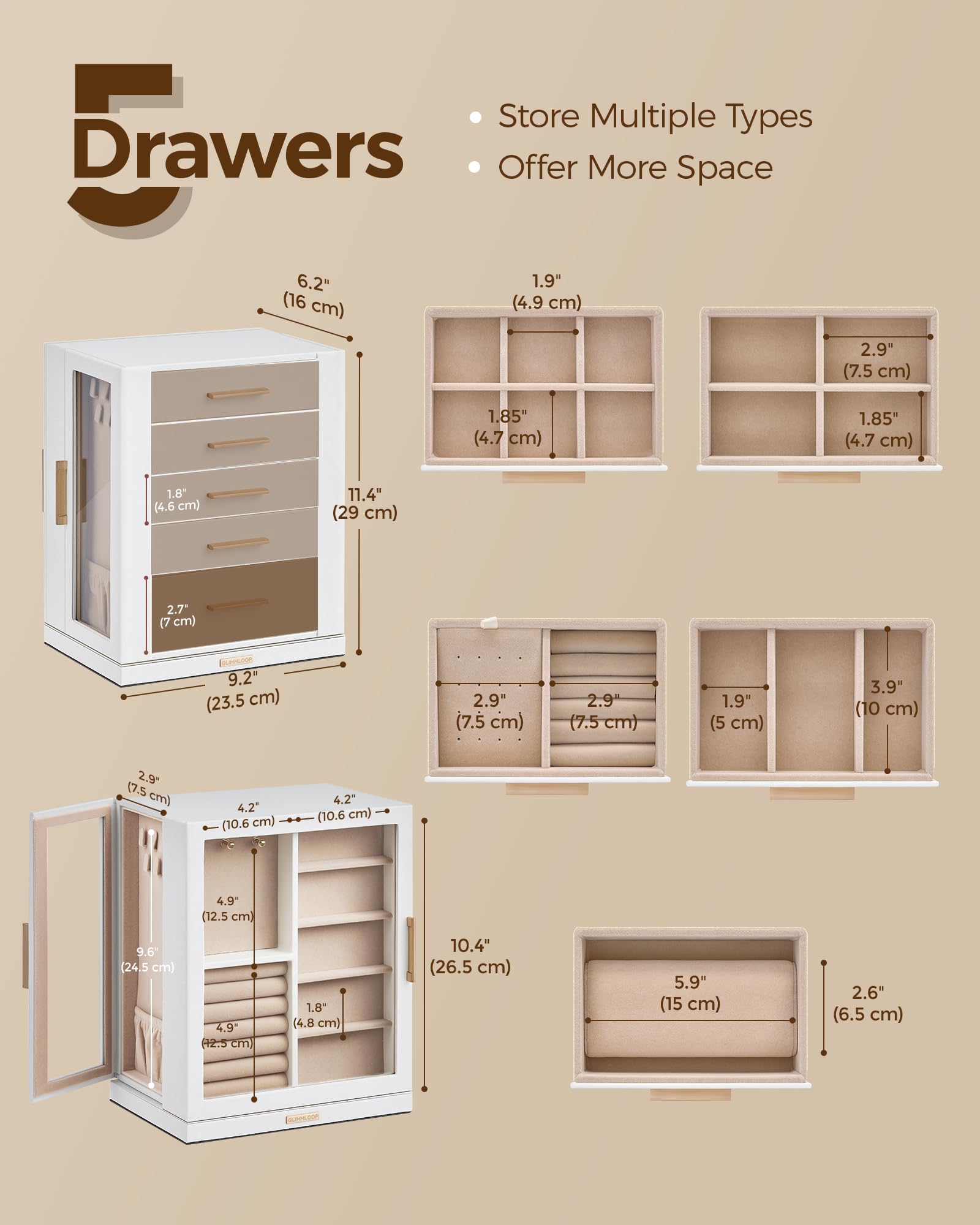 360° Rotating Jewelry Box with 5 Drawers, Spacious Vertical Jewelry Organizer with Glass Window, Jewelry Storage Case, Dustproof & Moisture-resistant Design, White