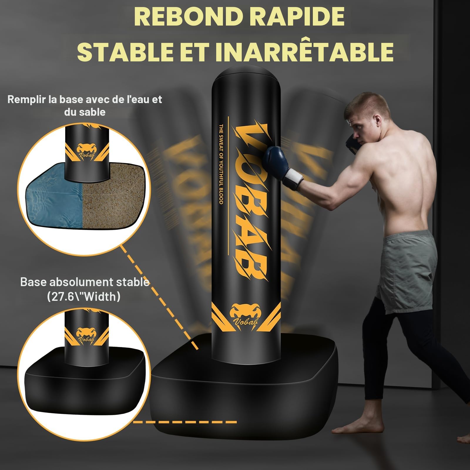Sac de frappe autoportant, 175 cm de hauteur, conçu pour l'entraînement des hommes en MMA, Muay Thai et Fitness, support de sac de kickboxing gonflable idéal, équipement de boxe indispensable