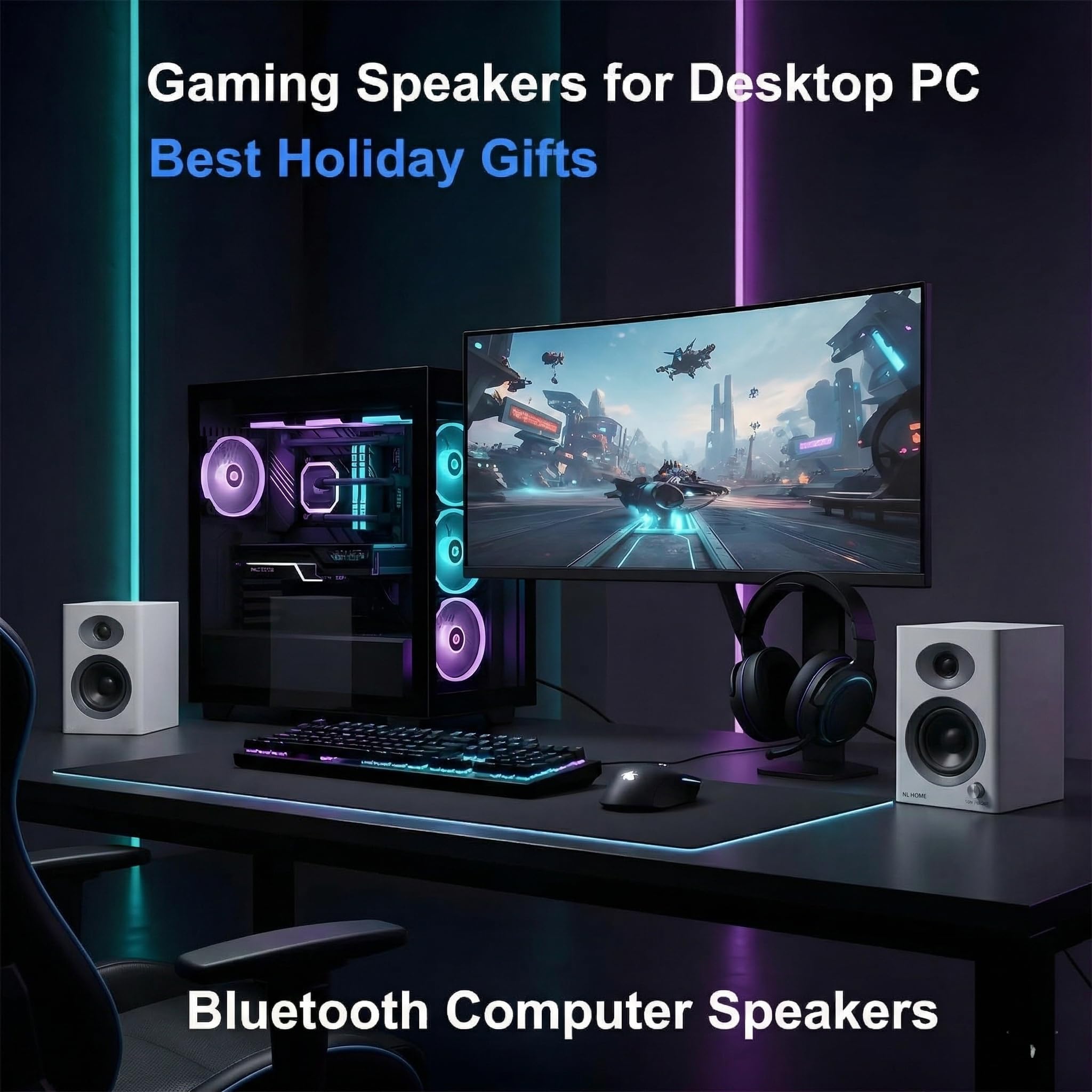 Haut-parleurs d'ordinateur Bluetooth 5.3 de 3 pouces pour PC avec son stéréo riche maximum de 60 W, entrées Aux-in/RCA, design compact pour jeux, bureau à domicile, studio, blanc