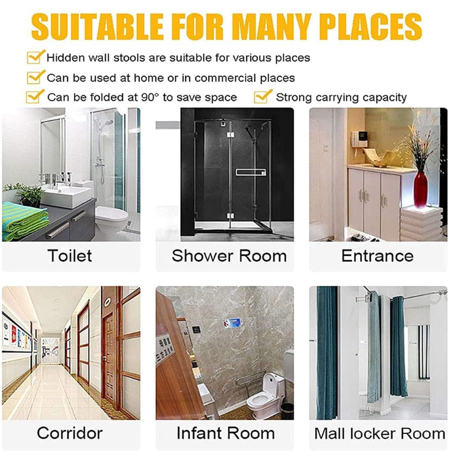 Asiento de ducha plegable montado en la pared, banco de baño resistente y antideslizante para un uso seguro por personas mayores y discapacitados en la ducha o bañera