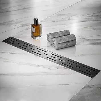 Linear Shower Drain, Matte Black Shower Drain 24 Inch with Removable Grate, SUS-304 Stainless Steel Rectangle Floor Drain with Leveling Feet and Hair Strainer, Bathroom Modern Drain SD-101