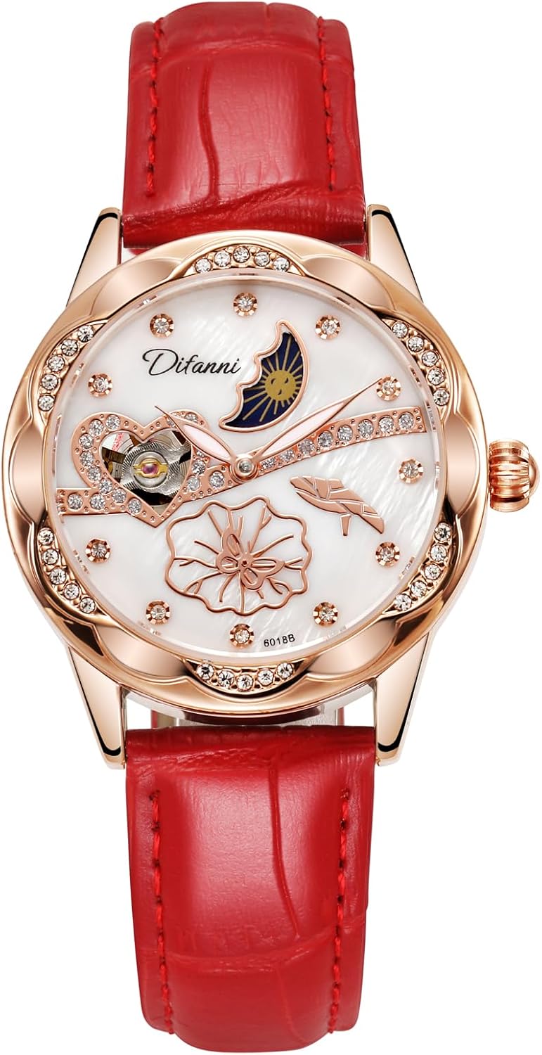 Women's Automatic Watch with Moon Phase & Mother of Pearl Dial, 36mm Rose Gold Diamond & Floral Wristwatch, Genuine Leather Strap