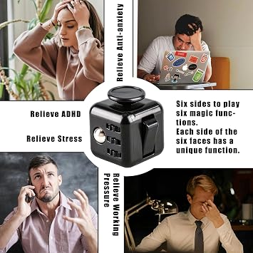 6-Sided Stress Relief Sensory Toy for Anxiety,ADHD,Focus,Portable Finger Cube Toy for Office,Classroom,and Home(Black)