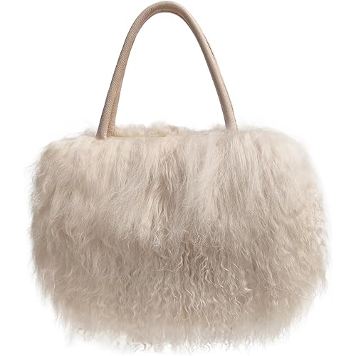 Women Luxury Real Lamb/Mongolian Flush Wool Fur With Genuine Leather Handles Handbag