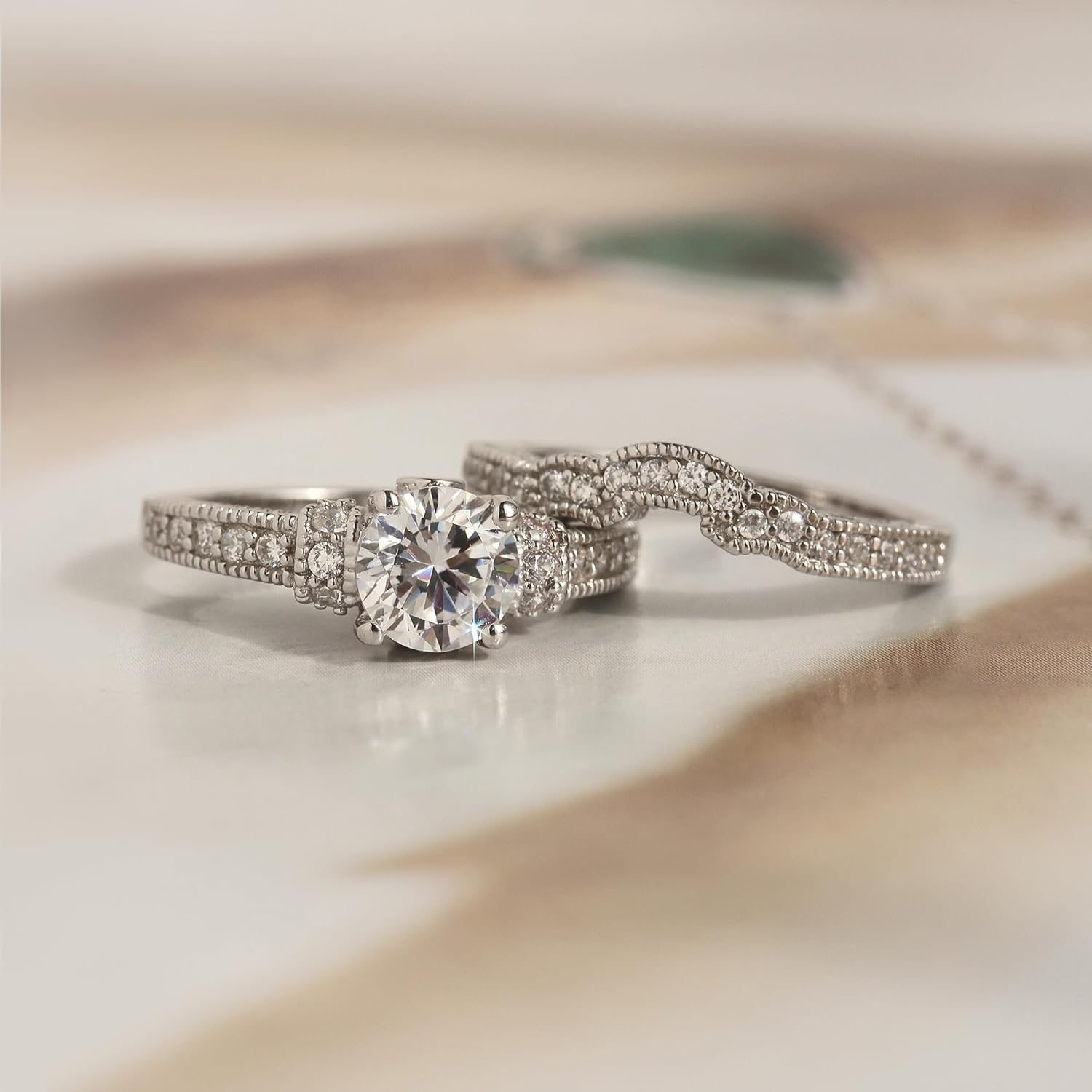 DoubleAccent Sterling Silver Rhodium Plated, CZ Set Vintage Style 2 pcs Engagement Ring Bridal Sets 6mm (Size 5 to 9)