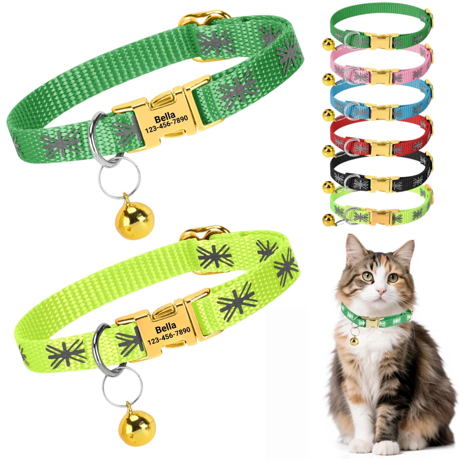 2 Pack Personalised Cat Collar with Custom Engraved Name Tag Quick Release Metal Buckle Reflective Kitten Collar with Bell Adjustable 19-29cm for Boys and Girls (Green+Neon Green) โ image 1