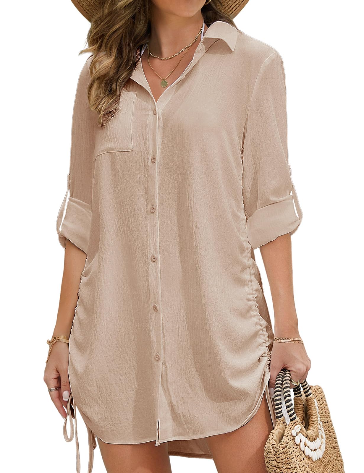 CMTOP Mujer Vestido de Playa Bikini Cover Up con V Cuello Cordón Botón Abajo Vestido de Verano Camisa Manga Larga Traje de baño