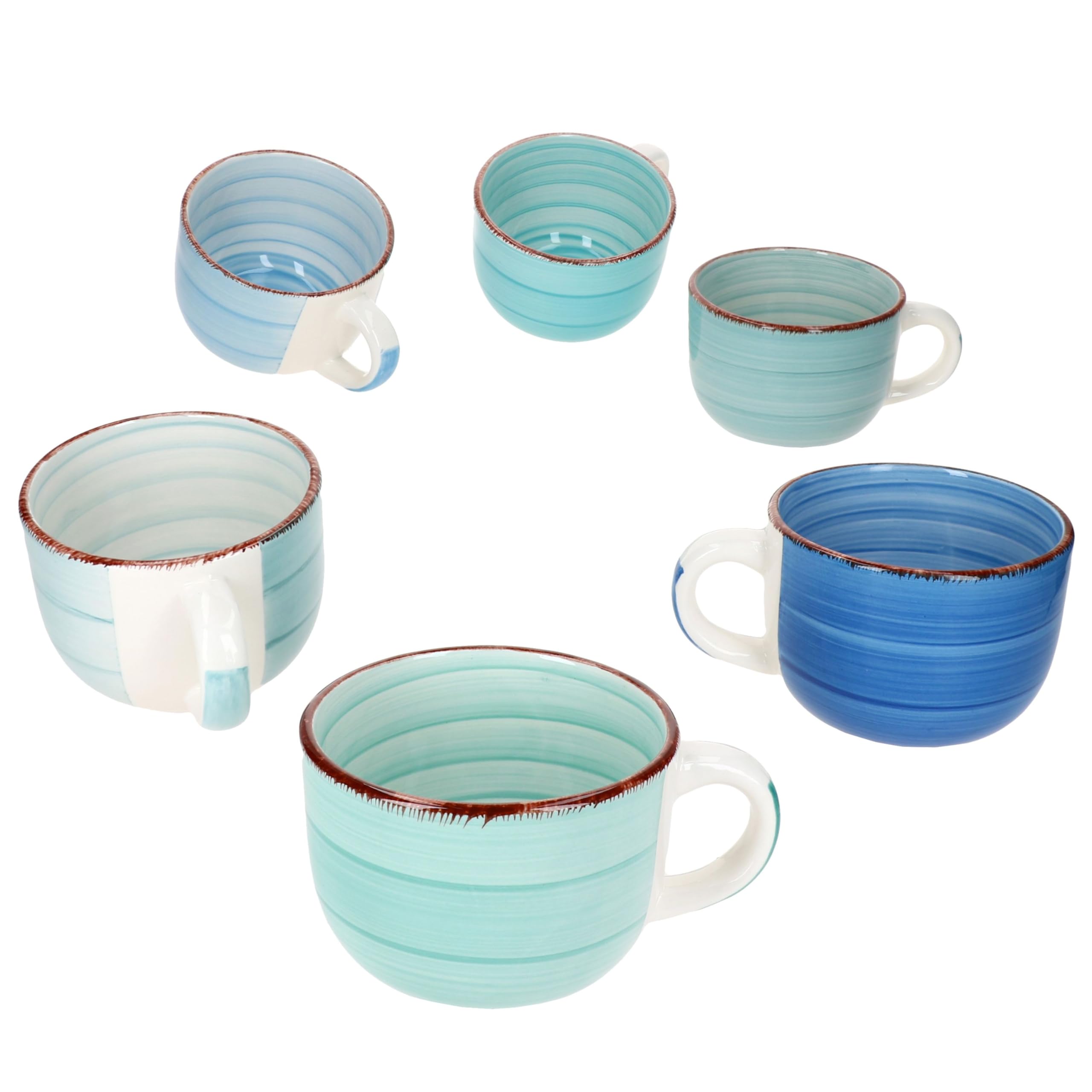 MamboCat Set di 6 tazze jumbo blu, 400 ml, per 6 persone, tazze grandi in gres porcellanato, 6 diverse tonalità di blu con decorazione strudel, tazze XL per tè, caffè, cacao e Co