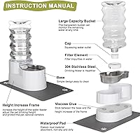 Vista 3 de RIZZARI Dispensador de agua grande para perros: bebedero automático de acero inoxidable blanco de gravedad de 8L - 100% libre de BPA - Alimentador