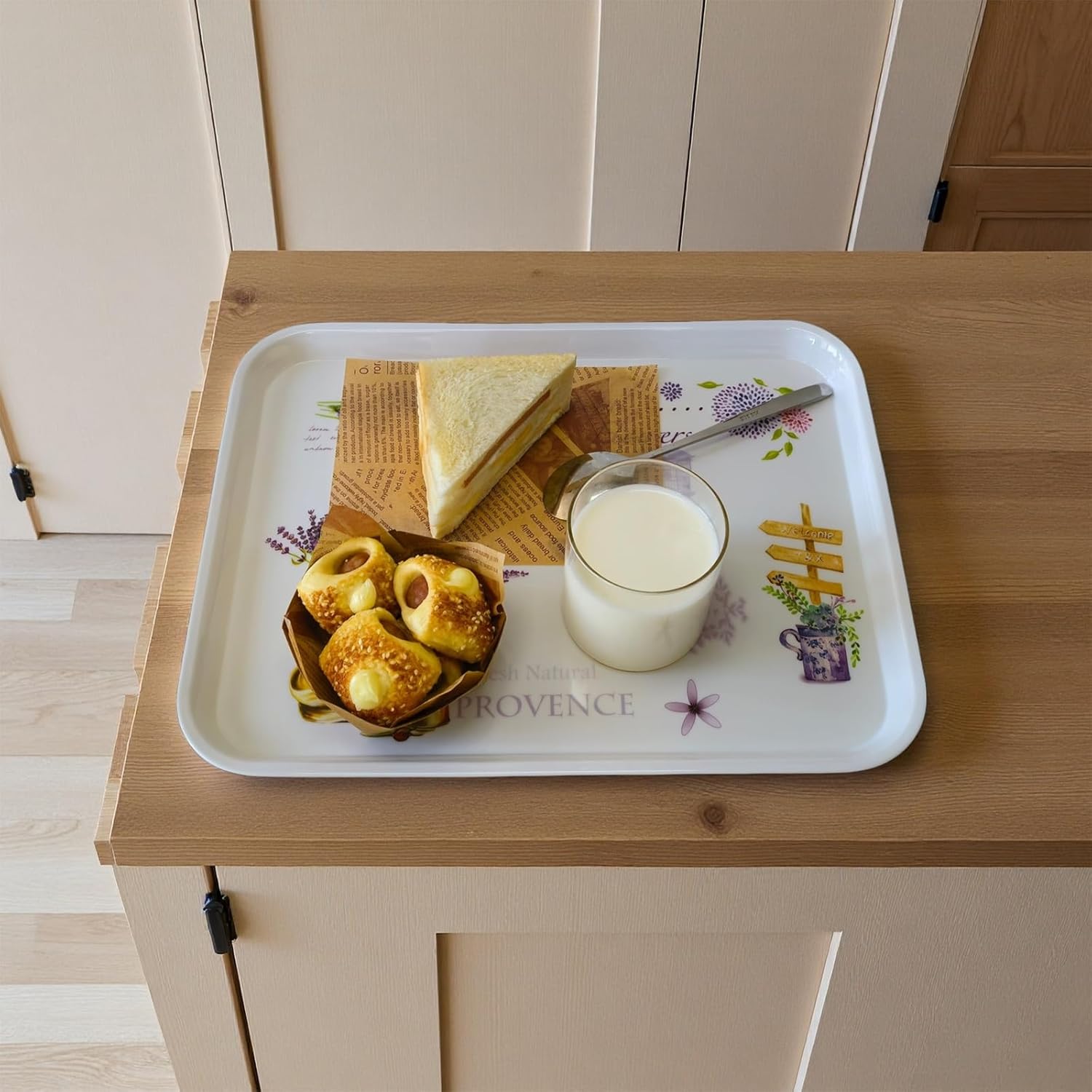 Large Serving Platter Melamine Trays 2 Pack Stackable Food Tray with Floral Print for Gift, Party, Decor, Home, Restaurant (Purple Lavender, Medium)