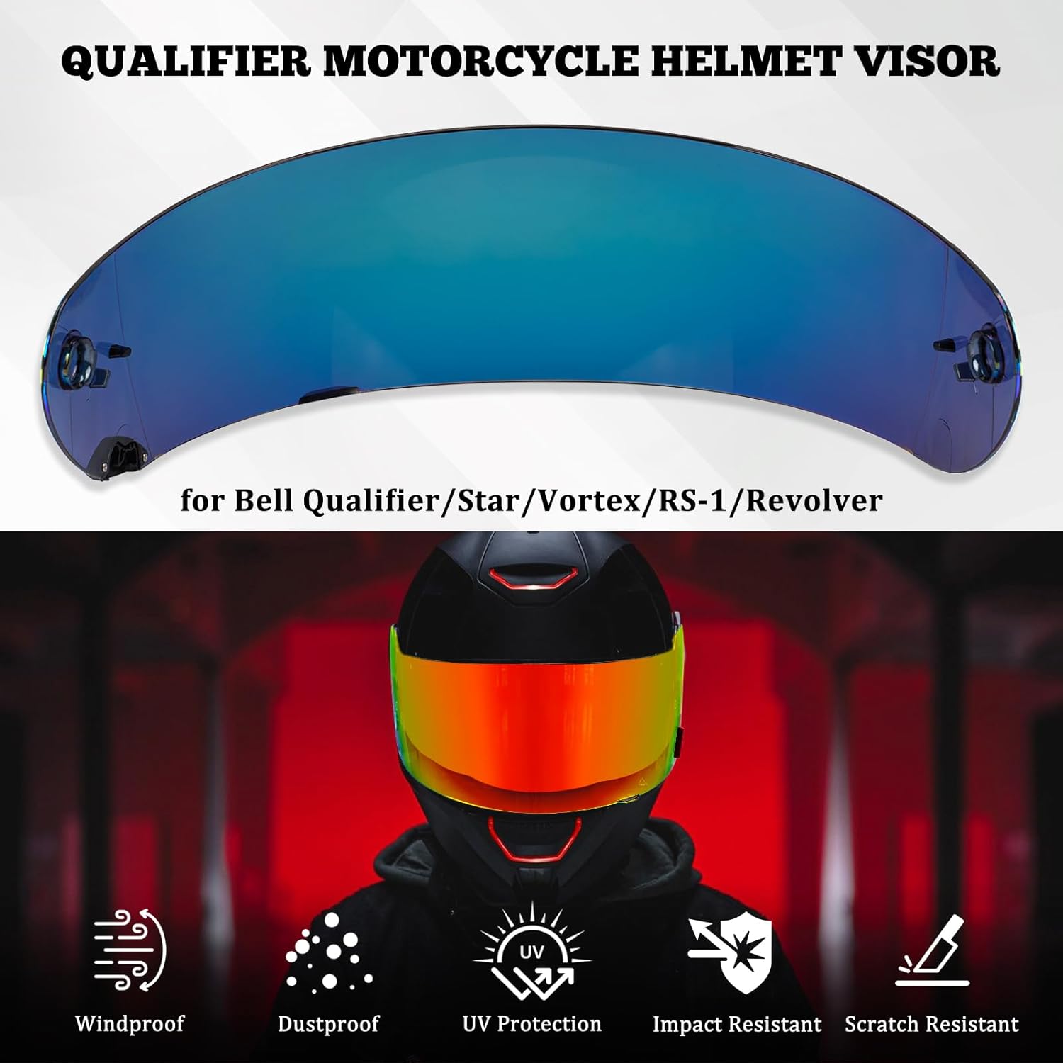XINGWU Motorcycle Helmet Visor for Qualifier Tinted Helmet Visor with Anti-fog Rainproof Film UV Protection Face Shield Replacement for Bell Qualifier/Star/Vortex/RS-1/Revolver (Deep Red)