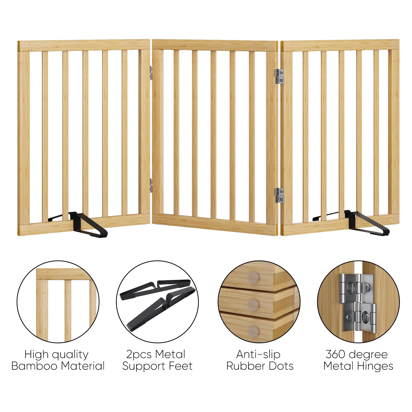 Cancello per cani in legno, altezza 60 cm, autoportante, pieghevole, per interni, cancello per cuccioli, con 2 piedini per apertura (naturale, 3 pannelli)