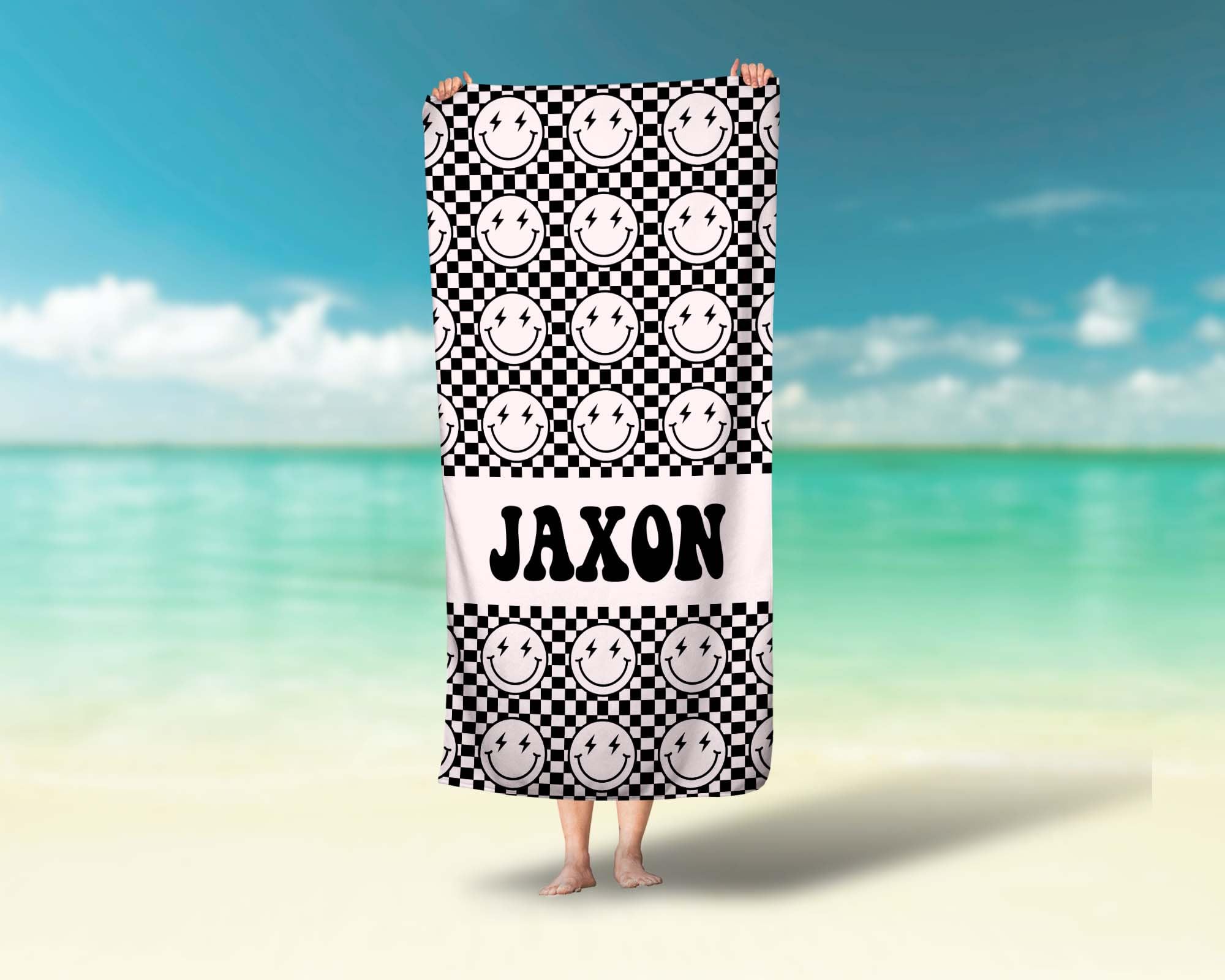 Black Checkered Smiley Face Custom Name Towel Personalized Beach Towel Boys Name Pool Towel