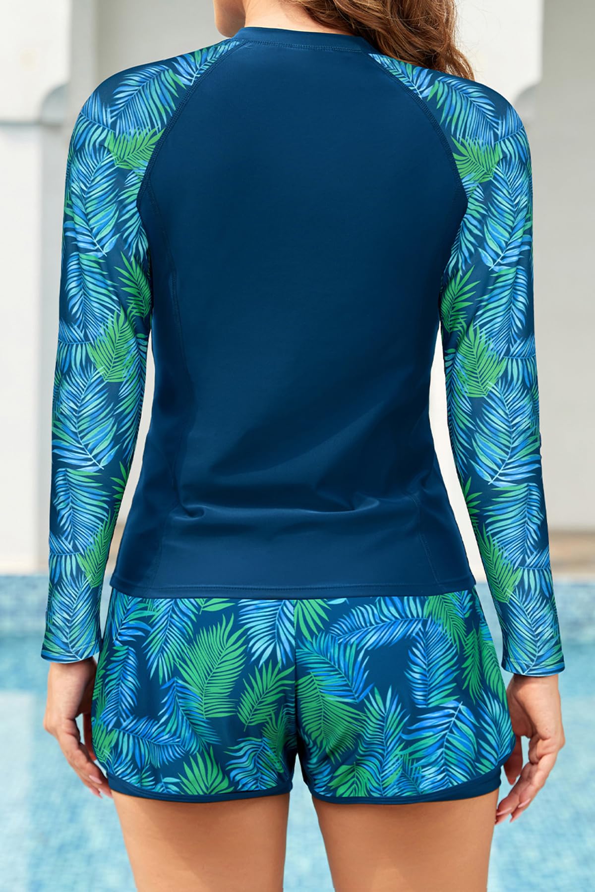 SHEKINI Damen 3-teiliger Rashguard-Badeanzug mit Reißverschluss, langärmelig, gepolstert, Sport-BH mit Boyshorts, bescheidener Badeanzug-Set