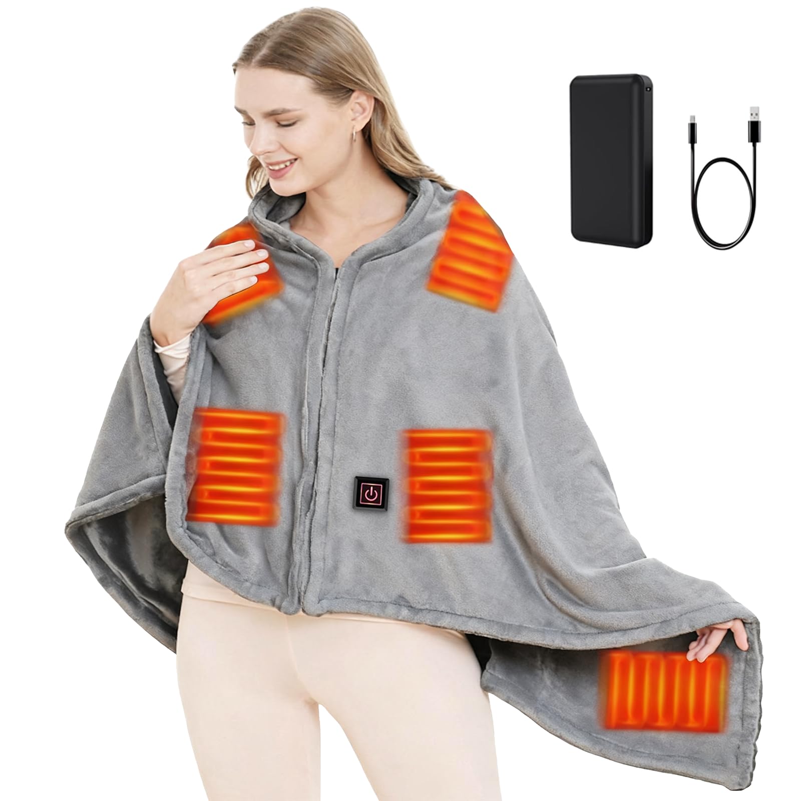 SNZ Coperta Termica USB con Batteria da 10000mAh, 150 x 80 cm Coperta Termica Senza Fili, Coperta Elettrica Scialle di Flanella per Pausa Pranzo in Ufficio, Viaggio All'aperto