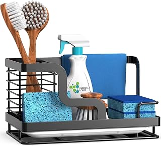 Sink Caddy, Kitchen Sink Organizer Sponge Holder, Dish Soap Scrubber Holder with Removable Drain Pan, Sink Brush Holder Kitchen Sink Stainless Steel for Sponge, Soap, Dishcloth, Scrubber-Black