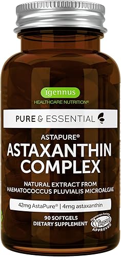 Complejo de astaxantina vegana Igennus de 4 mg con luteína y zeaxantina, 90 cápsulas blandas pequeñas, de 42 mg de Astapure, antioxidante de algas