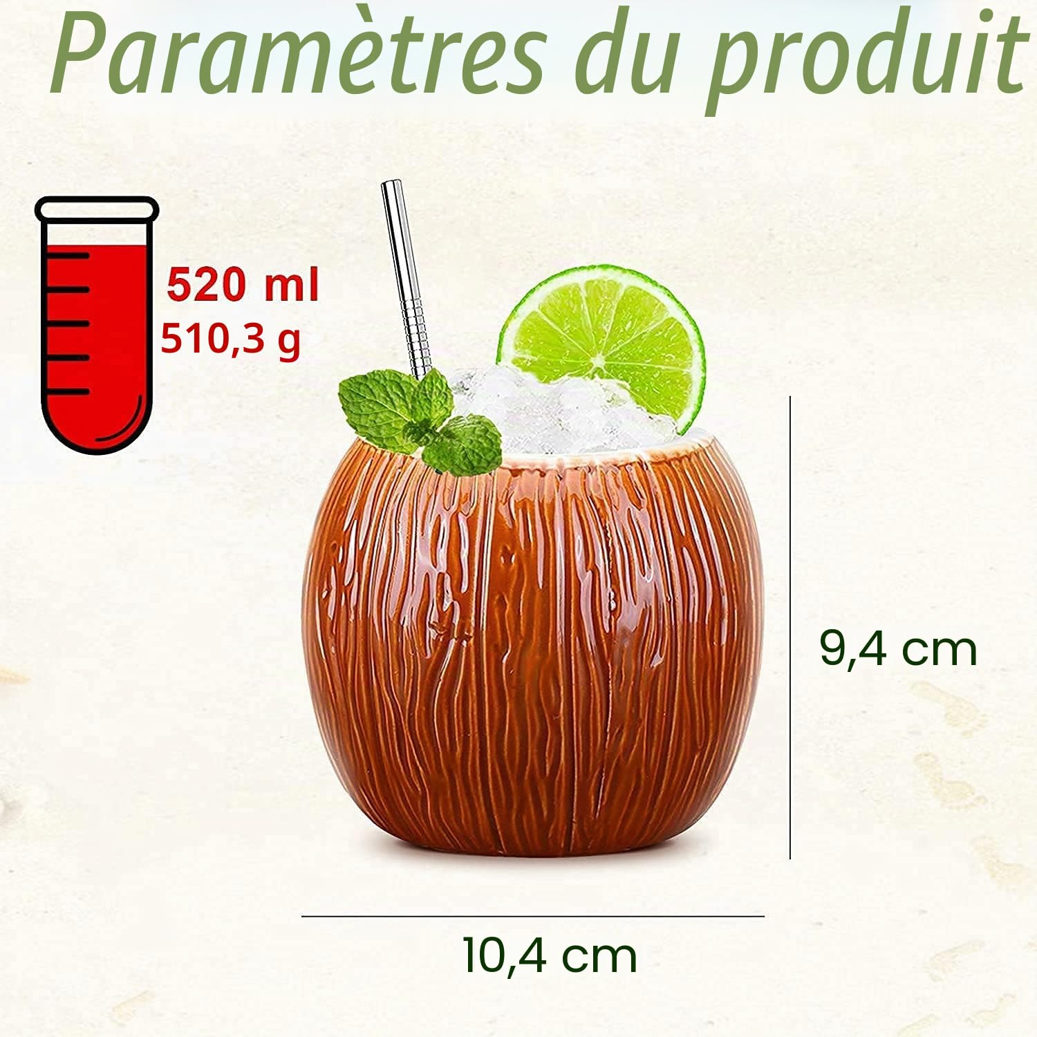 Set de 4 Tiki Mugs Coco en céramique, verres à cocktails tropicaux, lot de tasses tiki pour boissons exotiques et cocktails hawaïens, design noix de coco, ambiance festive et estivale