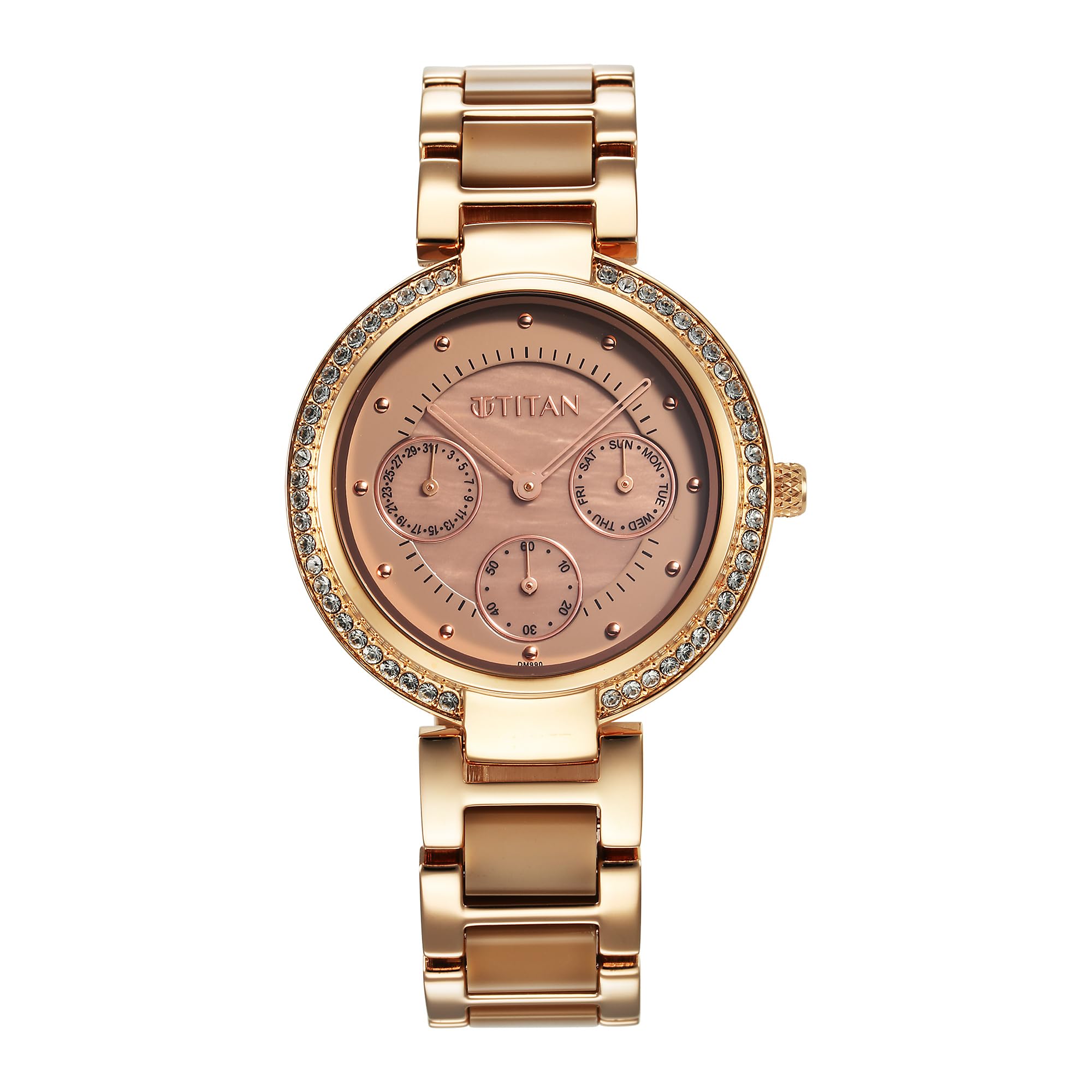 Titan Acetate Mother of Pearl Quartz Multifunction Hybrid Brown Dial, Gold Strap Brass Watch for Women-95187KD03 (B0CBM5V6WP) Amazon Price History, Amazon Price Tracker
