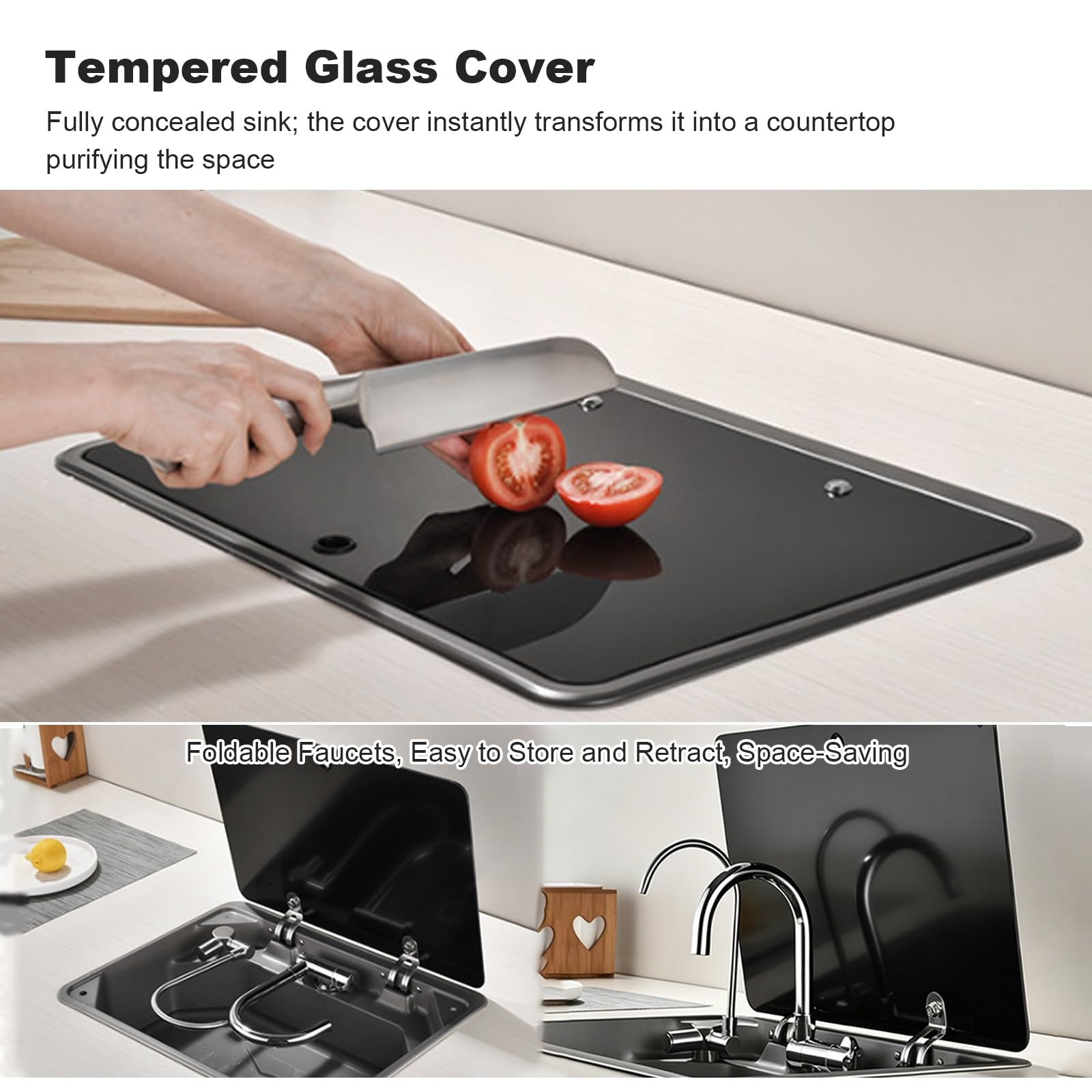 Fregadero de Cocina para Autocaravana con Tapa, Fregadero de Acero Inoxidable 304 para Montaje Bajo Encimera con 2 Grifos Plegables para Barco, Yate, Remolque, Cocina Pequeña