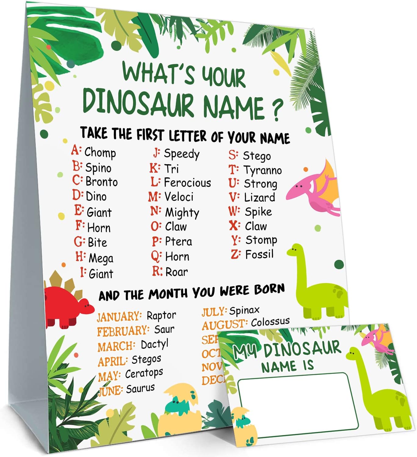 What is Your Dinosaur Name Game, Game Sign and 30 Cards, Dinosaur Birthday Party Sign for Boys and Girls, Holiday Activity, Kids Dinosaur Activity Cards, Dinosaur Activity Decoration Supplies