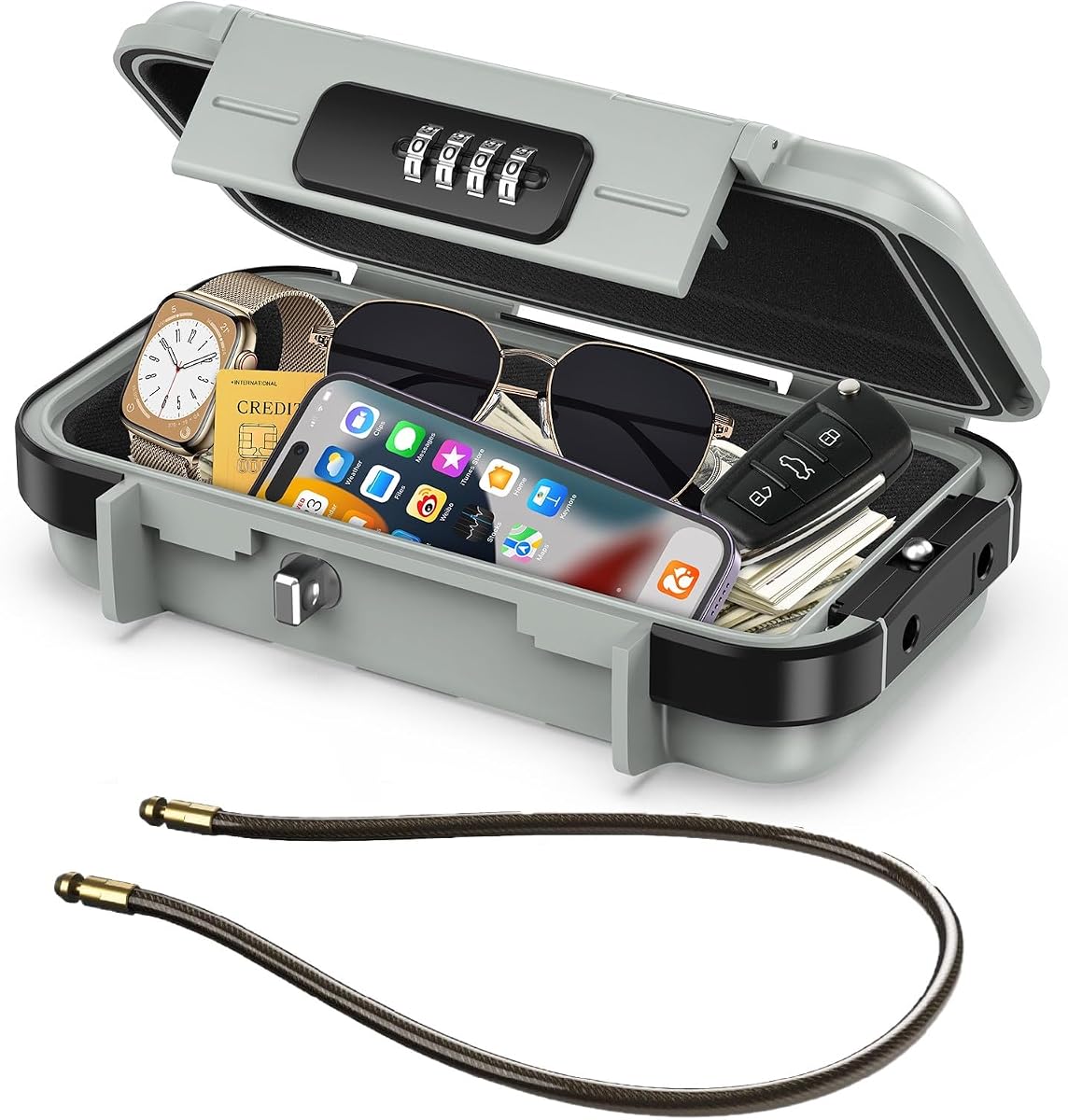 Caja Fuerte Portátil, Caja de Seguridad con Combinación de 4 Dígitos, Caja Fuerte para Viajes Impermeable, Caja Fuerte Pequeña para Playa con Cadena Extraíble, para Deportes, Viajes, Hogar, Oficina, Gris