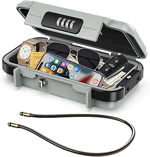 LOFICOPER Tragbare Safe Box, 4-stellige Zahlenkombination Sicherheitskoffer, wasserdichte Reiseschlossbox, Kleiner Strandsafe mit Abnehmbarer Kette, für Sport, Reisen, Zuhause, Büro, Grau