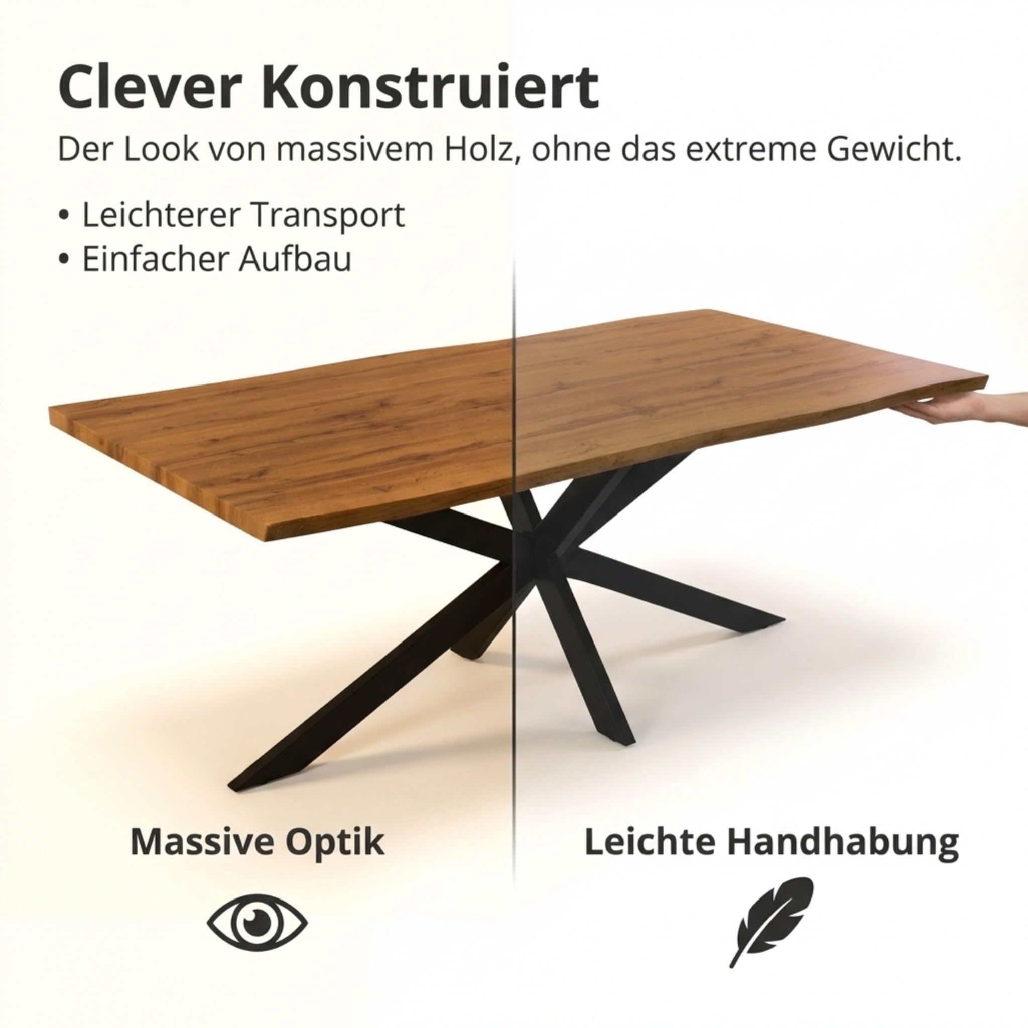 Esstisch 180x90 cm Eiche schwarz Baumkante Spider-Gestell Holz Casa | 40mm Eiche-Optik, Baumkantentisch aus, Massiva
