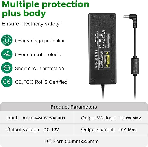 Miniatura 4 de Fuente de alimentación de 12 V 10 A CA 100-240 V a CC Convertidor transformador 12 voltios 10 amperios 120 W con conector de salida CC de 0.217 in x