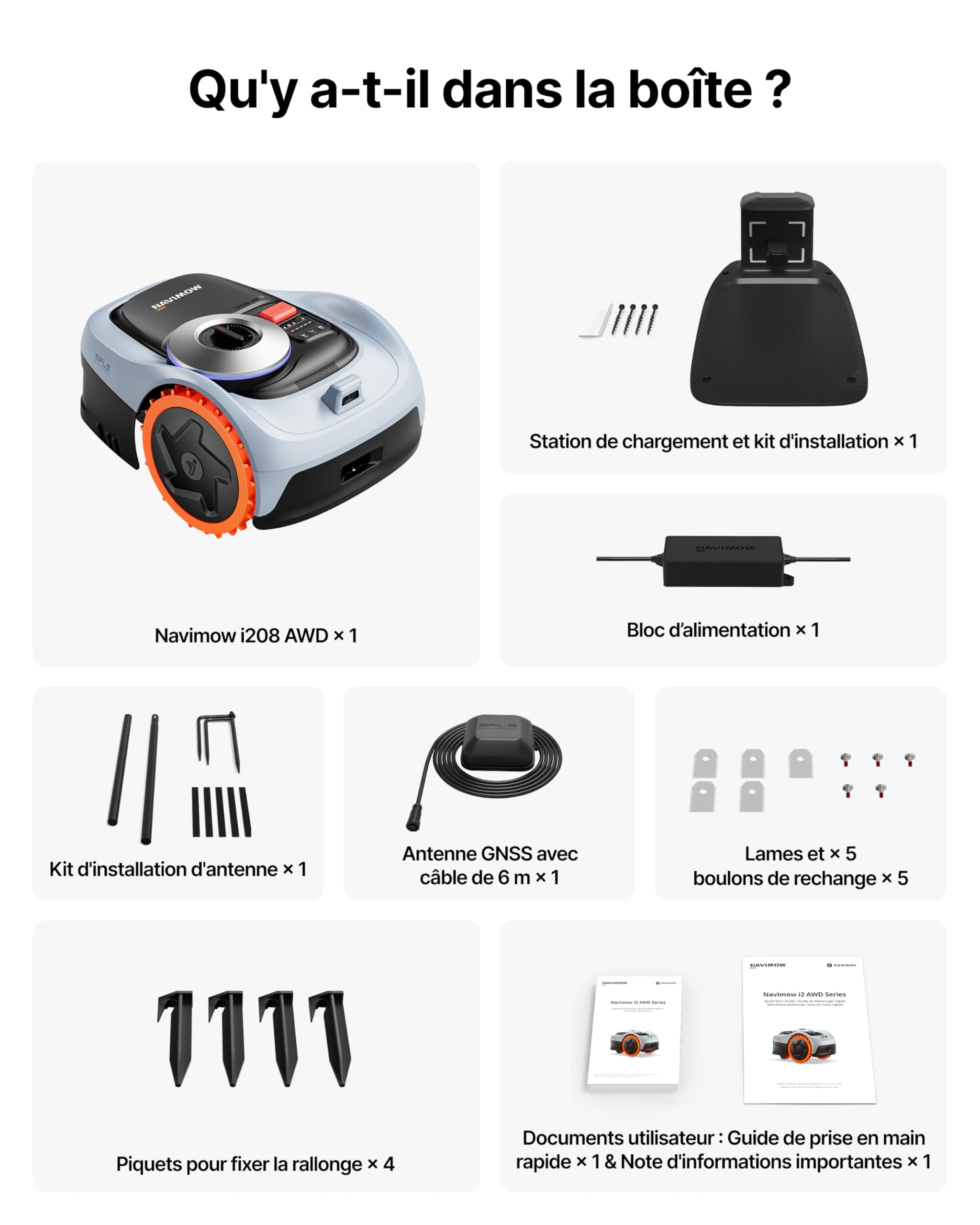 Segway Navimow i208 AWD Robot tondeuse et Garage S, Trois roues motrices, monte les pentes jusqu'à 45%, EFLS NRTK + Vision, Cartographie automatique, sans antenne, jardin de 800 m²(expédié séparément)