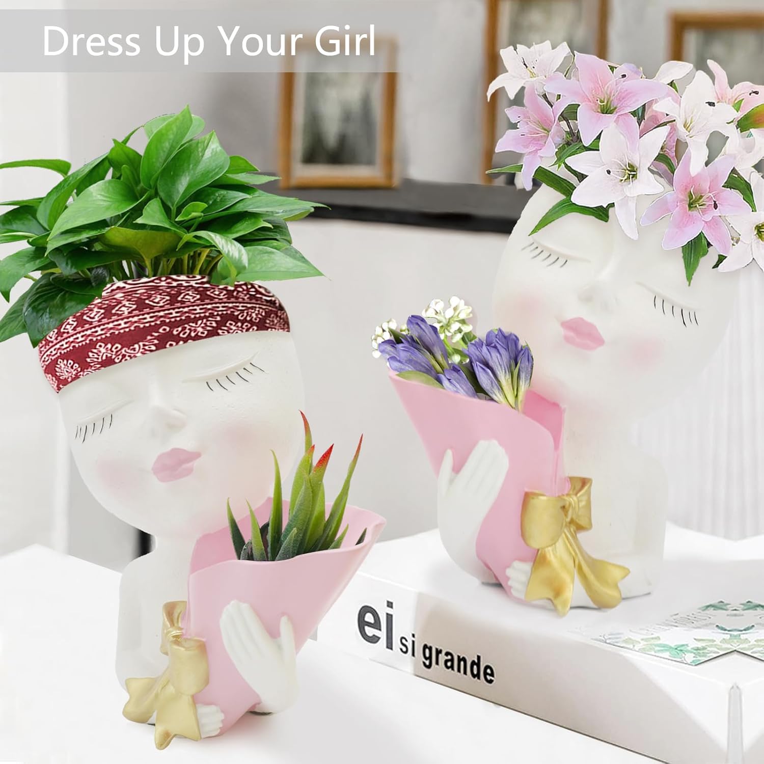 Face Planter Pots Head Planter Lady Succulent Planters Women Face Double Flower Pot Head Planter for Indoor Outdoor Plants with Drainage Hole (White)