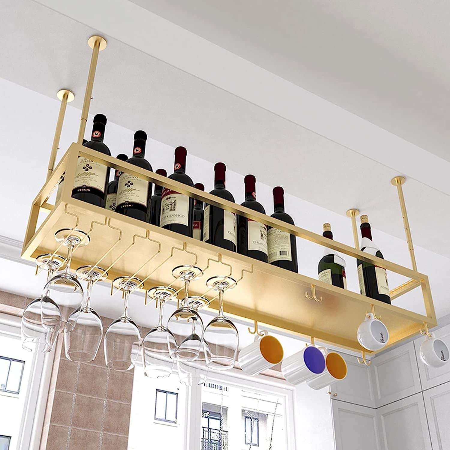 Botellero de Techo de Metal Industrial, Soporte para Copas, botellero bajo Mueble, Organizador de Cocina y Bar de Restaurante, 60 x 25 x 21 cm