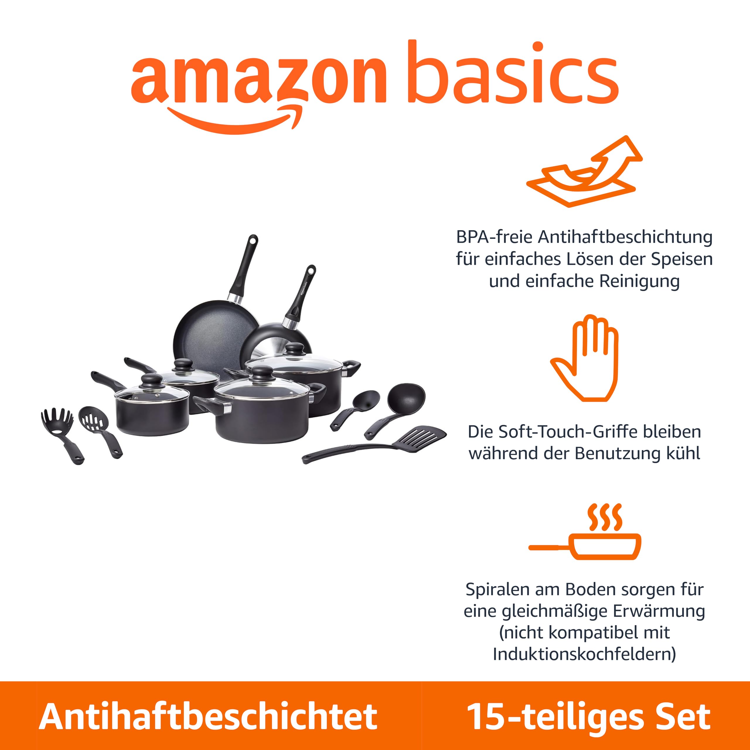 Amazon Basics Töpfe-Set, Keramik-Antihaft-Kochgeschirr, 15-teiliges Set, Töpfe, Pfannen und Utensilien, Schwarz