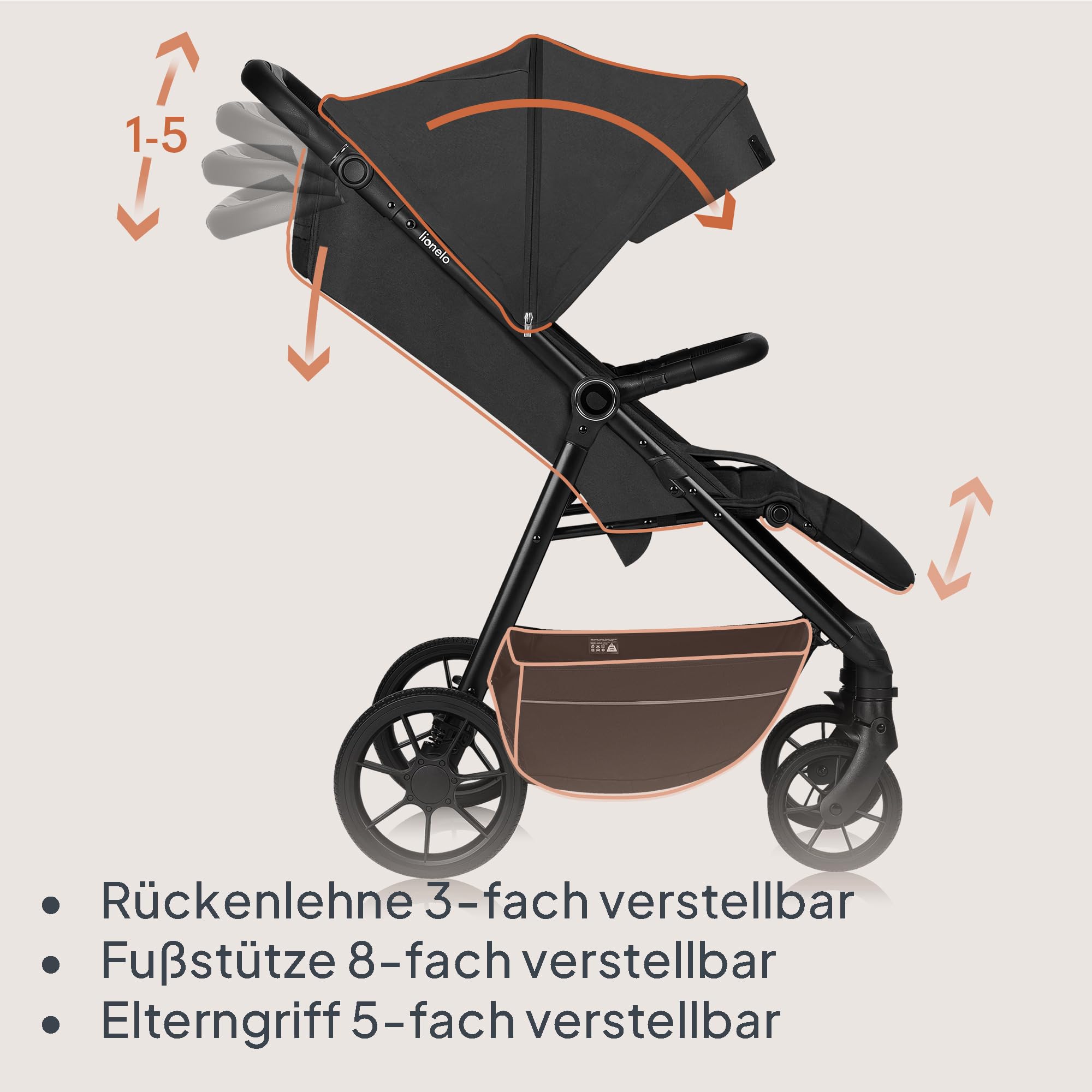 LIONELO MIRA Buggy bis zu 22 kg von 6 Monaten bis 4 Jahren Schwenkbare 360° Räder Volle Stoßdämpfung Verstellbare Rückenlehne und höhenverstellbares Verdeck XXL UPF50+ Großer Korb bis zu 3 kg | Schwenkbare 360° Räder Volle Stoßdämpfung Verstellbare Rücken
