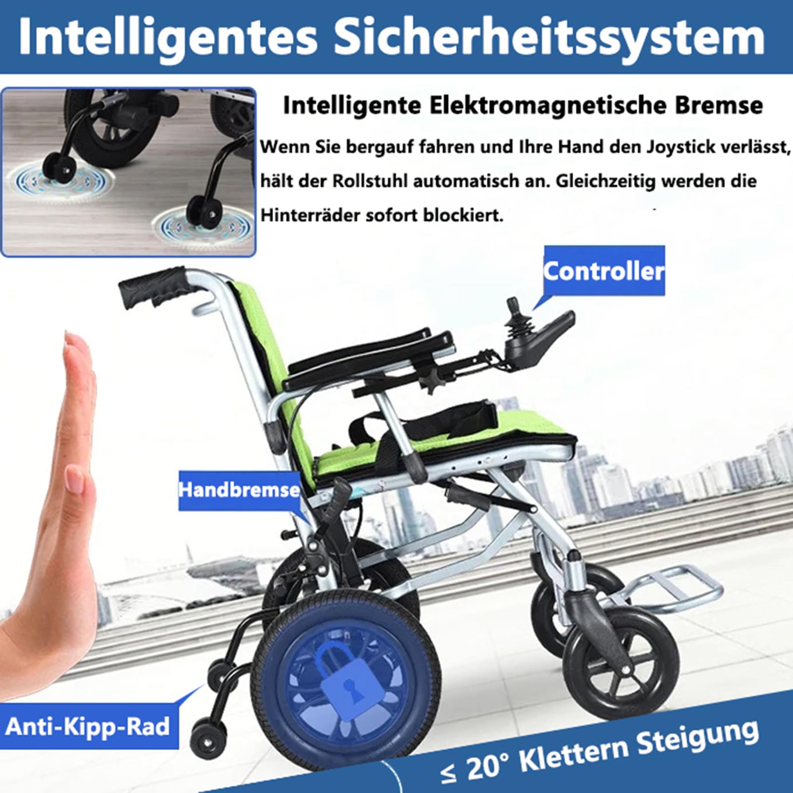 AMITD Elektrischer Rollstuhl Faltbar Leicht Luftfahrt-Zertifizierung, Elektrorollstuhl - 15 kg 20 km 400 W bis 120 kg, mit Doppelsteuerung 2 Li‑Akkus Intelligente Bremse, für Indoor & Outdoor Reise