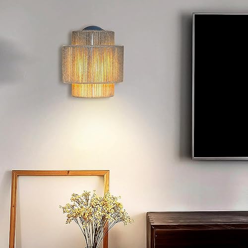 Miniatura 4 de Hodevimall Lámpara de pared con cuerda de cáñamo, apliques de pared inalámbricos para dormitorio, estilo rústico de granja, vintage, para