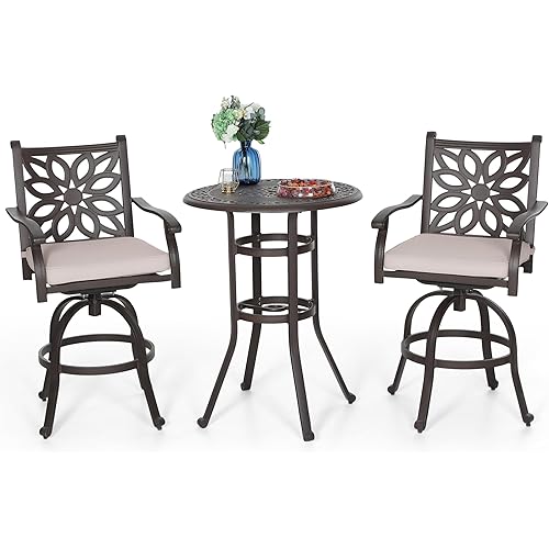 PHI VILLA Bar Height Patio Furniture Set 3 PCS, Cast Aluminum Outdoor High Top Table and Chairs, Pub Height Bistro Set with 2 Swivel Bar Stools with Cushion and 1 Patio Bar Table