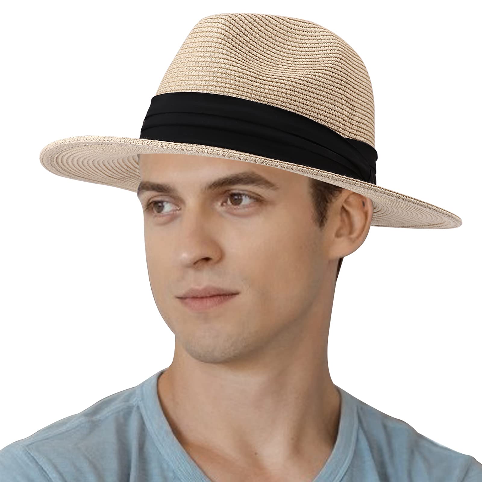 Buy Men Summer Beach Sun Hat Straw Fedora Hat Wide Brim Roll up Cap