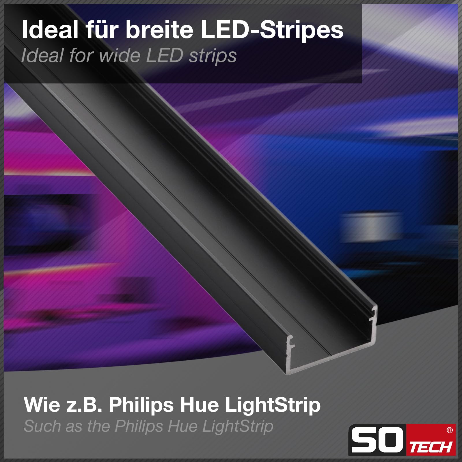 SOTECH LED Profil-PH1 (2000 x 18 x 8,5 mm) Schwarz für breite LED Stripes bis 16 mm (z.B. für Philips Hue LightStrip) Aufbauprofil mit opaler Abdeckung und Endkappenset