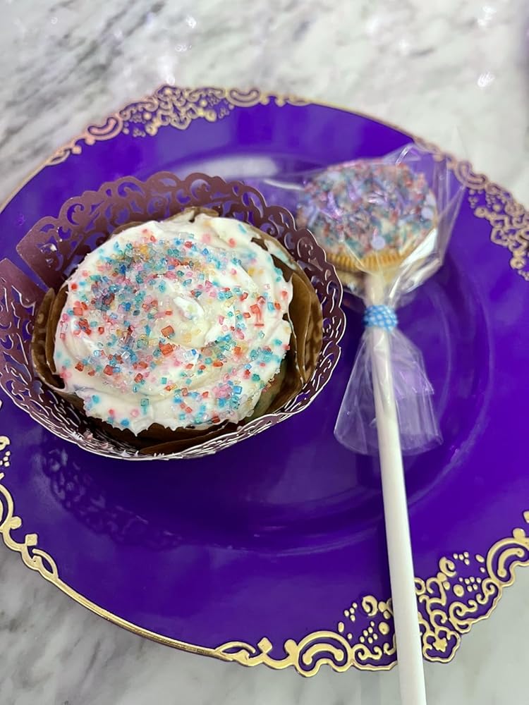 Goodluck 350 PCS Disposable Purple with Gold Rim Plastic Dinnerware Set