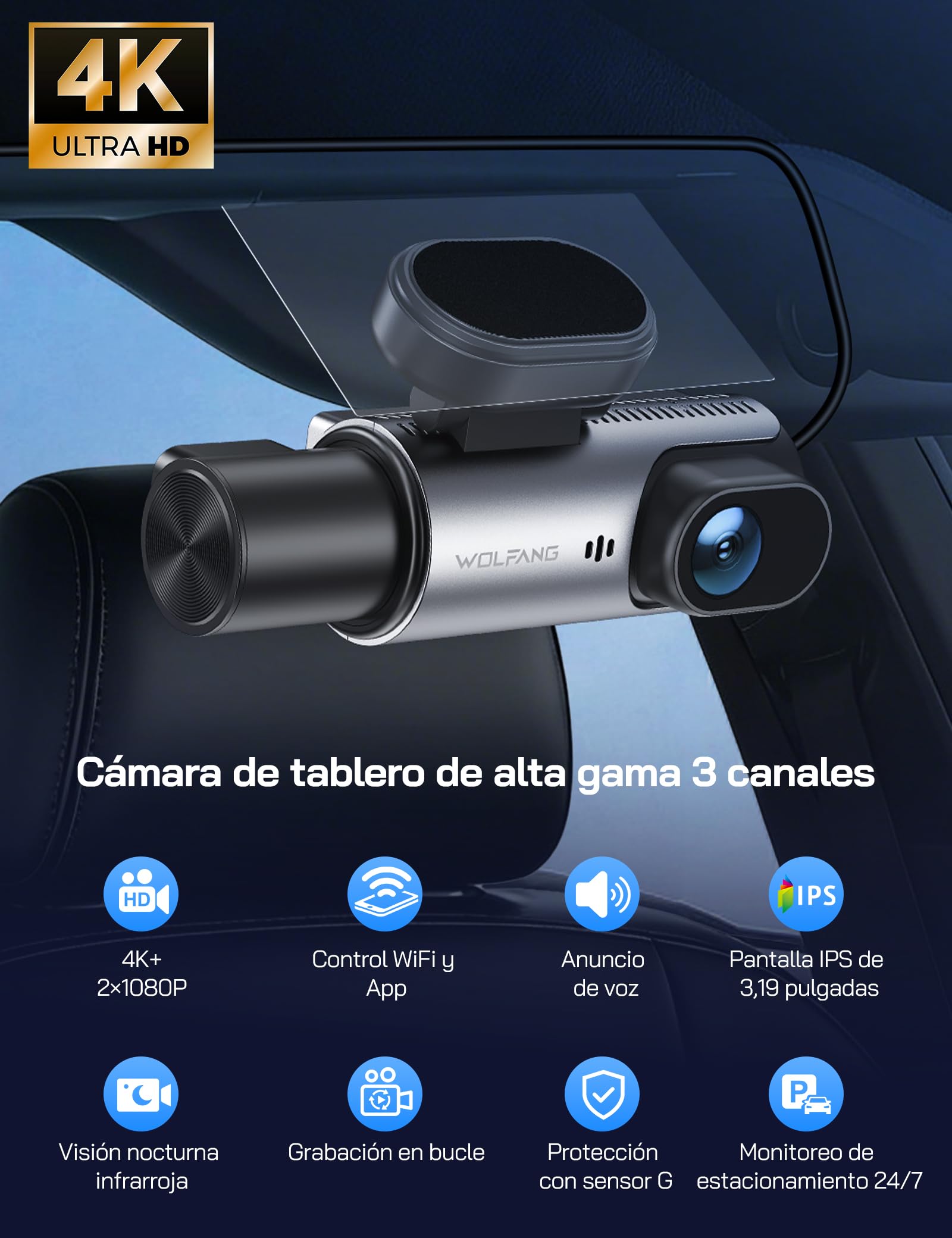 WOLFANG 4K Dashcam, Cámara de Coche con WiFi & App Control con, Cámara para Coche 2160P Dashcam con App, 3.19" IPS, Visión Nocturna, Grabación en Bucle, Sensor G, WDR, Soporta Modo Parking 24H