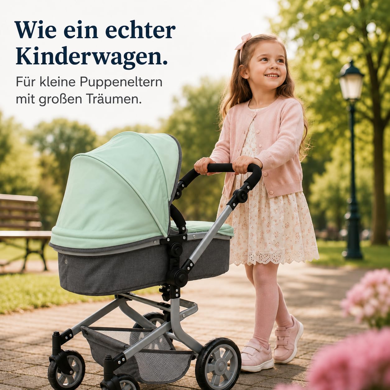 Bayer Chic 2000® Wózek dla lalek Mika 2 w 1, miętowy, składany, z regulacją wysokości 47-80 cm, nowoczesny stelaż, lalki do 52 cm, 4-8 J.