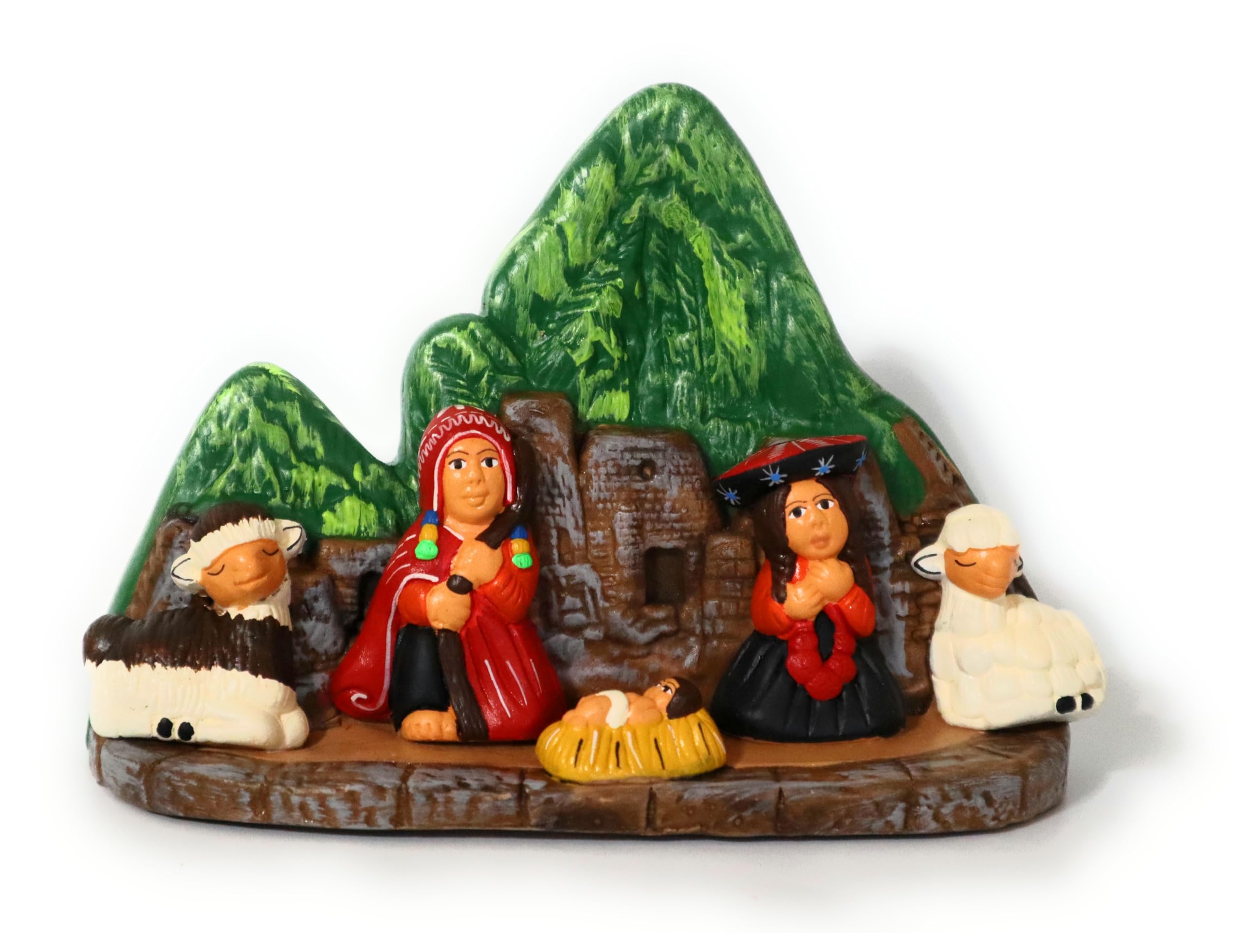 Nativity Christmas Decor Ceramic Peruvian Handmade Pottery Folk Art Nacimiento in Machu Picchu Scene Andean Style 5.75