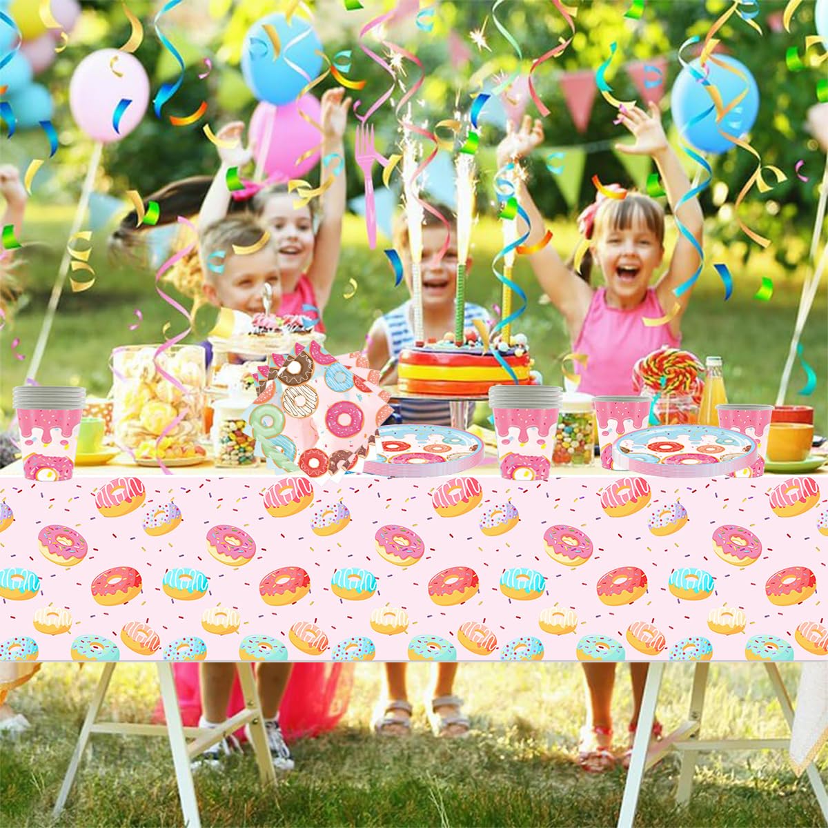 61 pezzi di stoviglie per feste a base di ciambelle,Set di stoviglie per la decorazione della festa di compleanno dei bambini, Per il battesimo dei bambini, per 20 persone