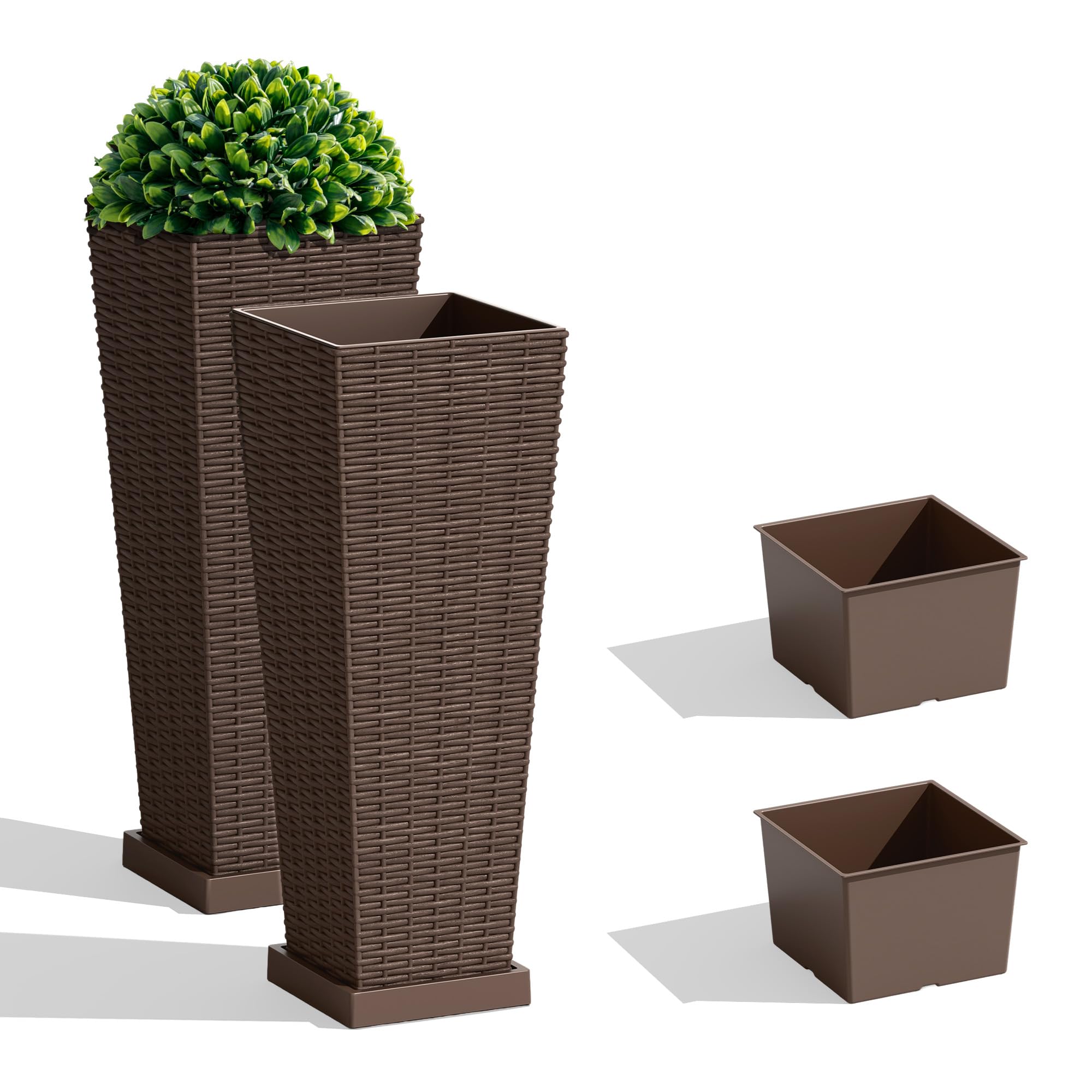 JUMMICO Set of 2 Resin Rattan Tall Planters for Outdoor Plants, Large Tapered Planters with Drainage Holes, Inner Trays and Outer Saucers, Flower Pots