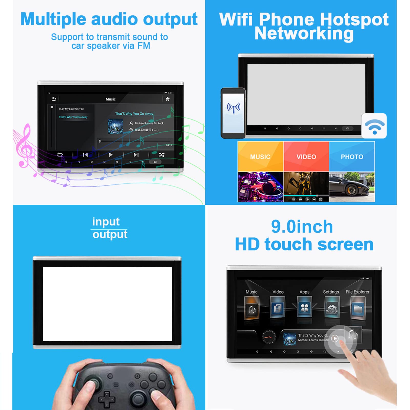 Lecteur Vidéo pour Appui-tête de Voiture 9 Pouces, écran IPS 9 Pouces, Support TV, écran Tactile HD 1920 X 1200 IPS, Bluetooth 32 Go, avec émetteur FM Miracast Airplay, p